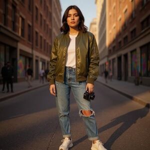 Stylish Green Bomber Jacket - Size Large (New Without Tags)